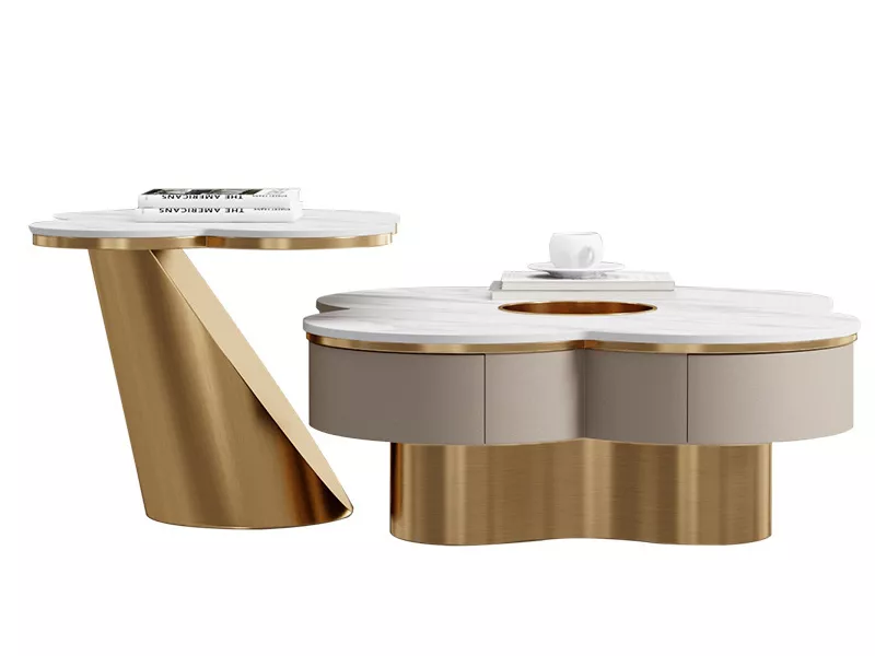 Clover-Shaped Marble Coffee Table Set with Storage–STLTT824