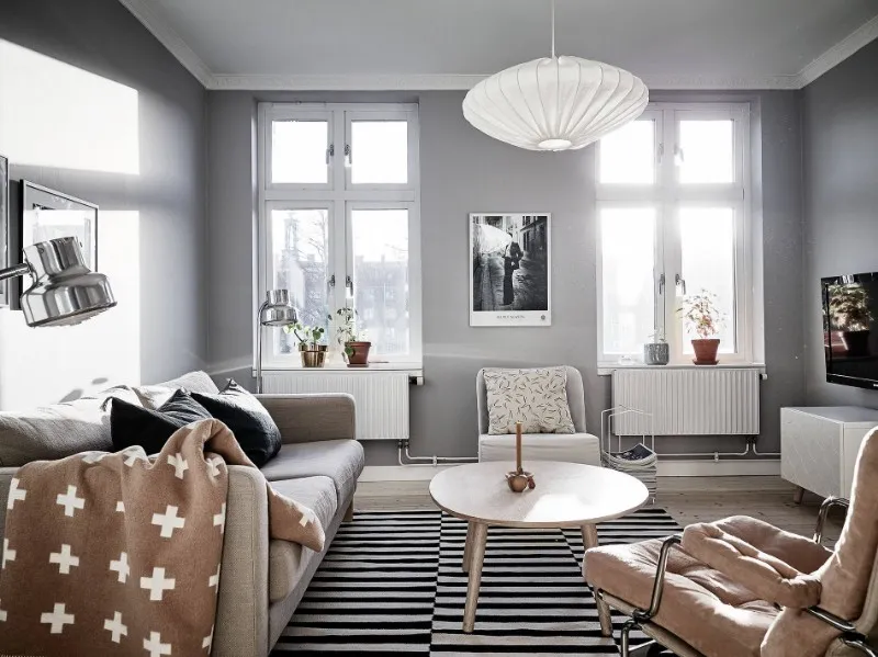 Scandinavian apartment hotel living room furniture package with sofa, lounge chairs and round coffee table