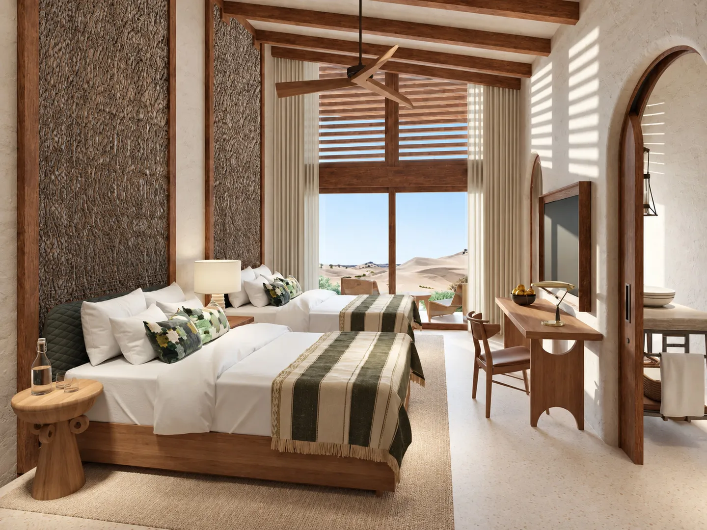 Twin resort hotel room with custom desk and woven furniture